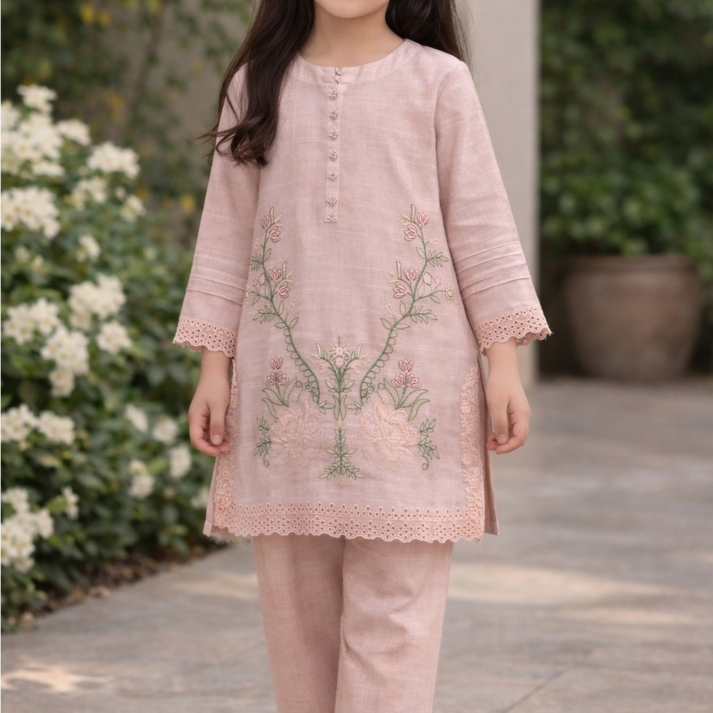 Eid Girls' Formal Embroidered Kurta Set in Blush Pink